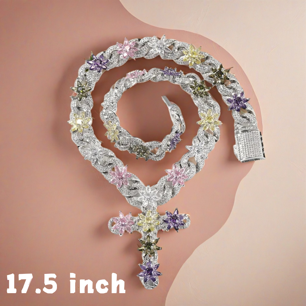 18K Gold Vacuum Plated Copper with 5A+ Sri Lanka Zircon Colorful Flower Cross Necklace