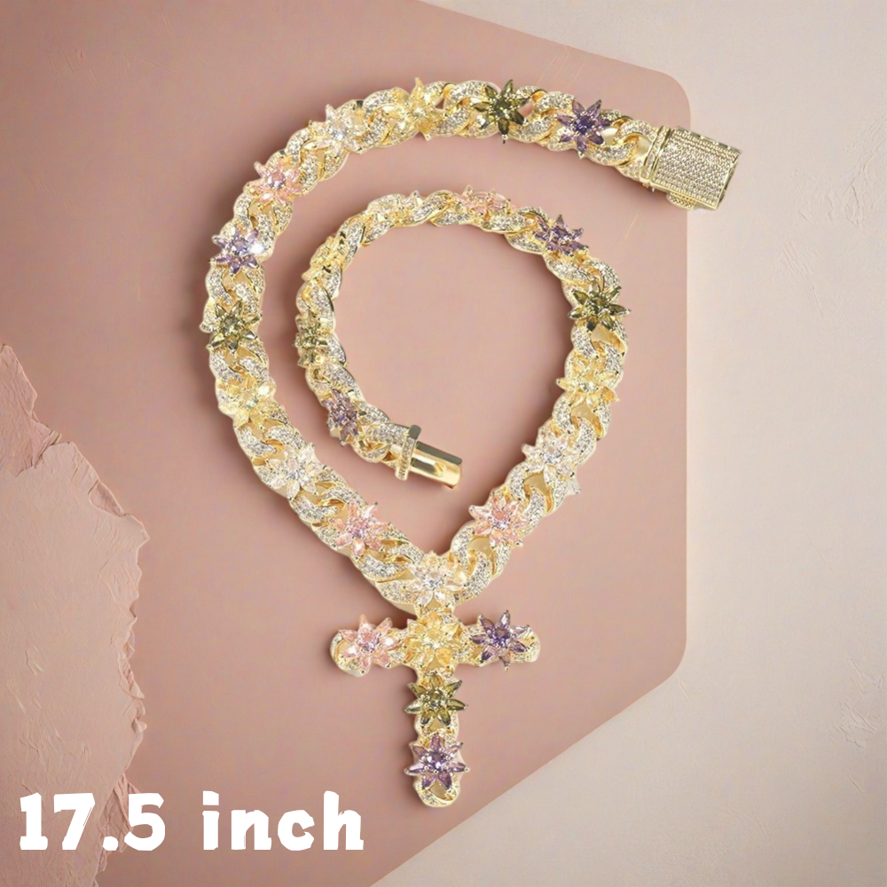 18K Gold Vacuum Plated Copper with 5A+ Sri Lanka Zircon Colorful Flower Cross Necklace