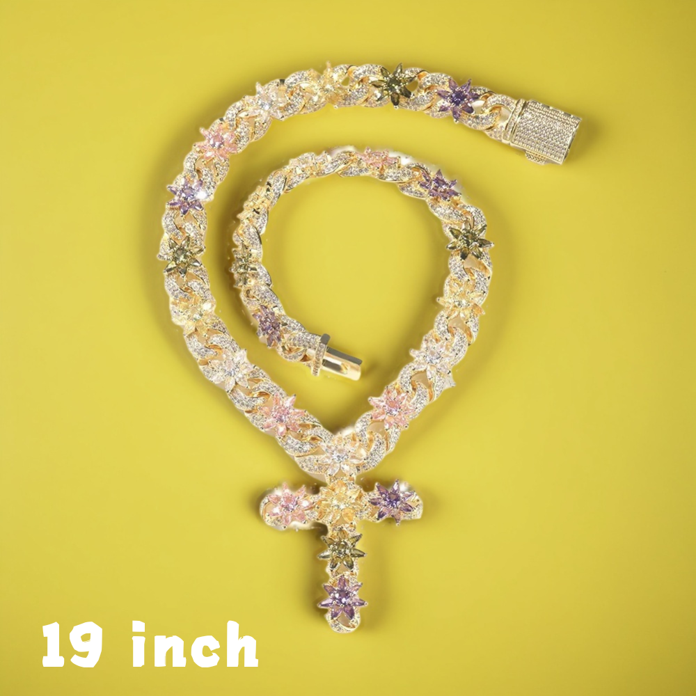 18K Gold Vacuum Plated Copper with 5A+ Sri Lanka Zircon Colorful Flower Cross Necklace