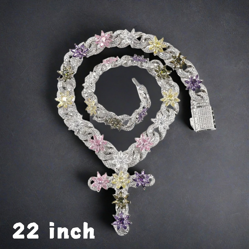 18K Gold Vacuum Plated Copper with 5A+ Sri Lanka Zircon Colorful Flower Cross Necklace