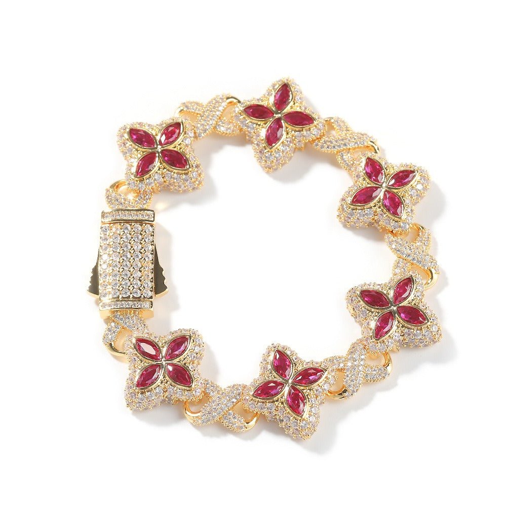 18K Gold Vacuum Plated Copper with 5A+ Sri Lanka Four-leaf clover colored zircon bracelet