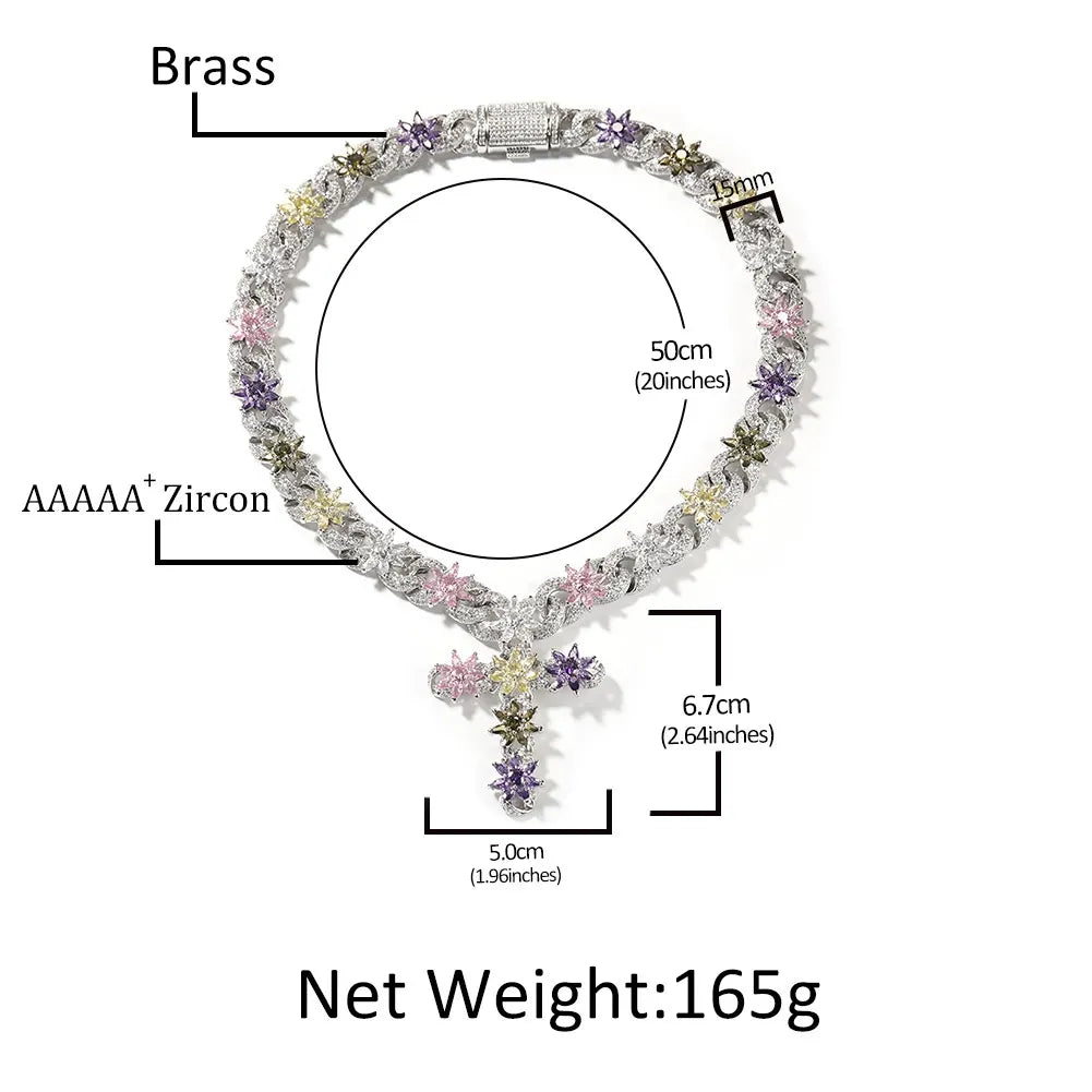 18K Gold Vacuum Plated Copper with 5A+ Sri Lanka Zircon Colorful Flower Cross Necklace