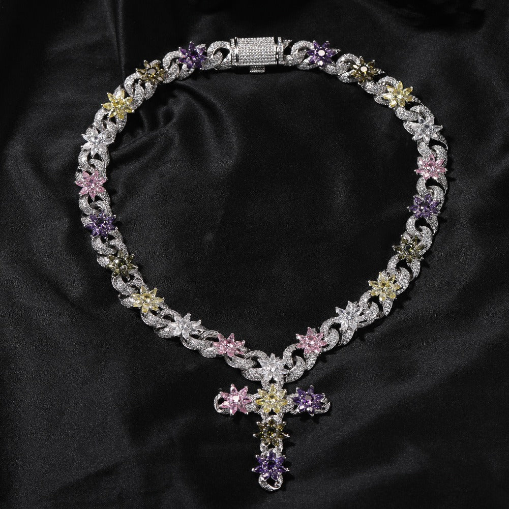 18K Gold Vacuum Plated Copper with 5A+ Sri Lanka Zircon Colorful Flower Cross Necklace